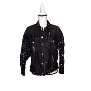 NWT Elan Distressed Denim w/ Pearl & Silver Beaded Black Jean Jacket M/L
